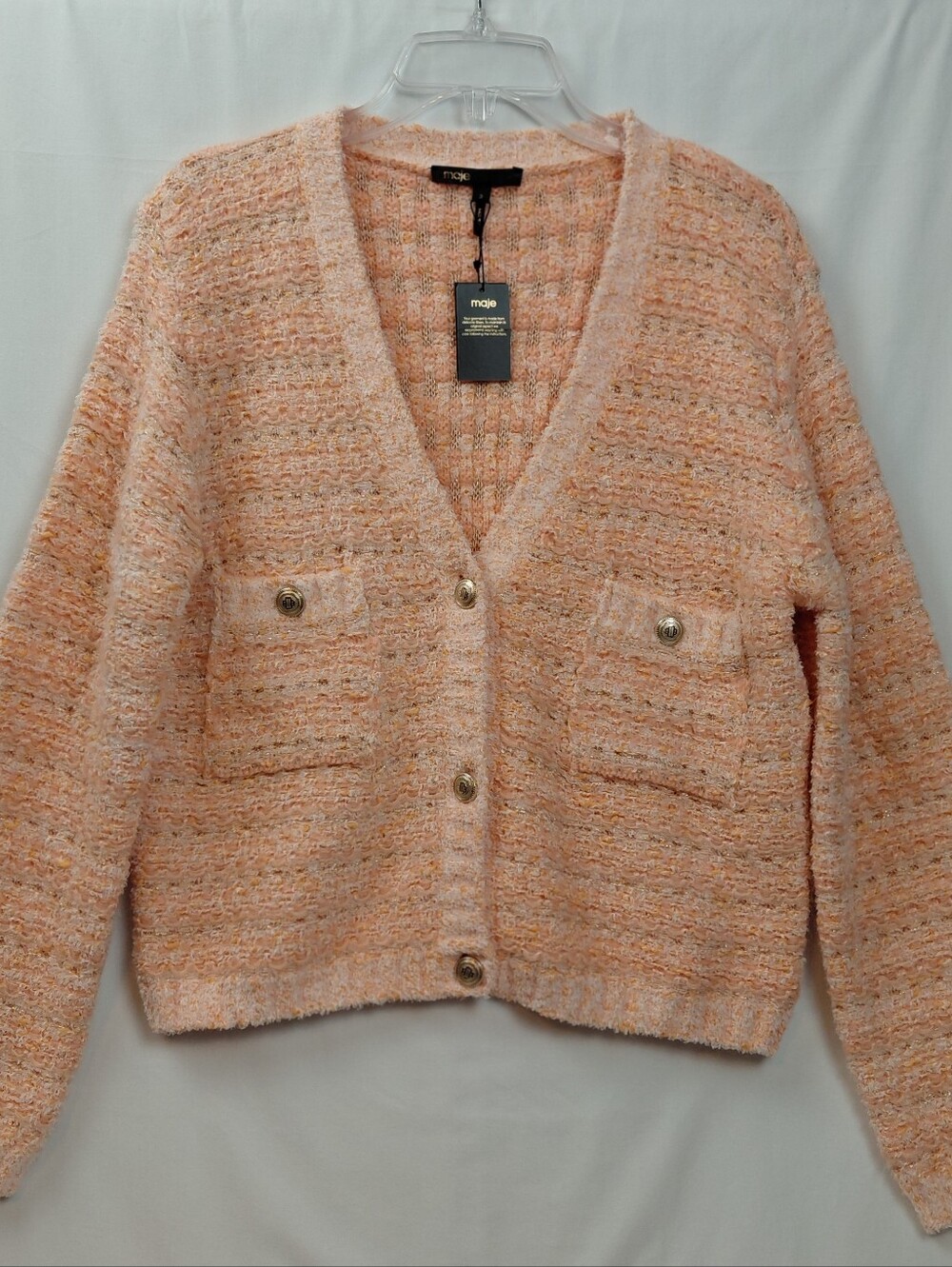 Maje Marge Cardigan Tweed Metallic NWT Size 3  US Large Orange Peach Gold